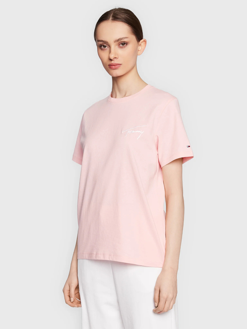 Tommy Jeans dámské růžové triko SIGNATURE